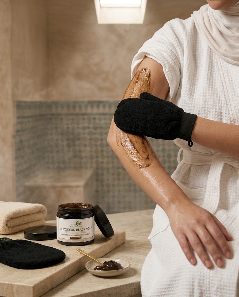 Moroccan Hammam Spa Set | Includes Moroccan Black Soap and Exfoliating Kessa Glove