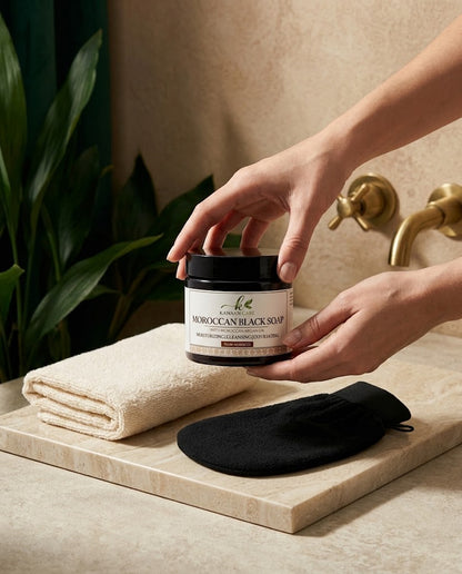 Moroccan Hammam Spa Set | Includes Moroccan Black Soap and Exfoliating Kessa Glove