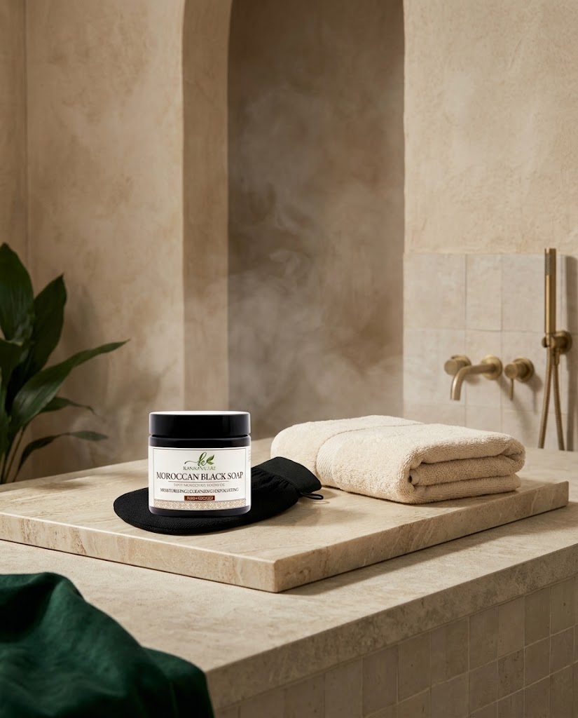 Moroccan Hammam Spa Set | Includes Moroccan Black Soap and Exfoliating Kessa Glove