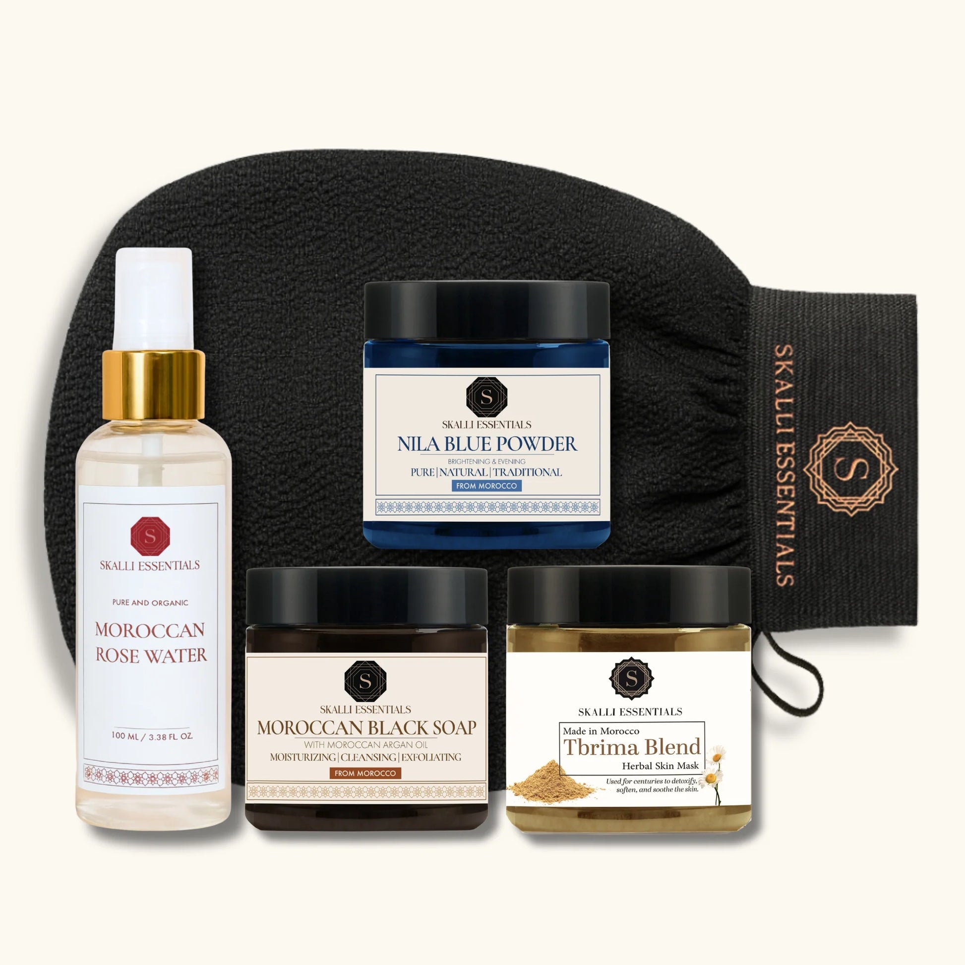 Moroccan Hammam Spa Set with black soap and Kessa glove by Kanaan Care
